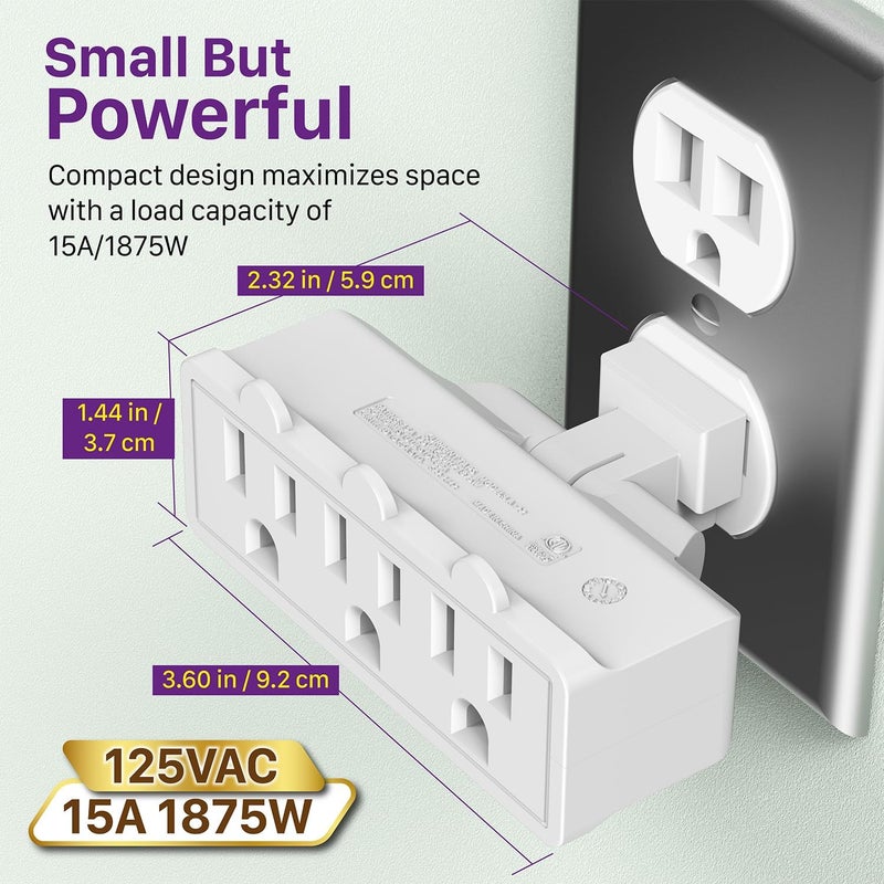 Fosmon 3 Outlet Adapter, 3 Way Rotating Outlet Plug Adapter, Swivel Plug Outlet 90 Degree Right Angle Plug Adapter, 3 Way Rotating Wall Extender - Image 2